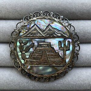Vintage Mexican Silver Abalone Inlay Brooch Pendant Pyramid Scene Jalisco 925